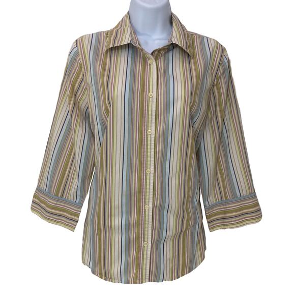 Pastel Preppy Button Shirt 16W 3/4 Sleeve Stretch Blue Green Stripe Coastal Chic - Picture 1 of 16